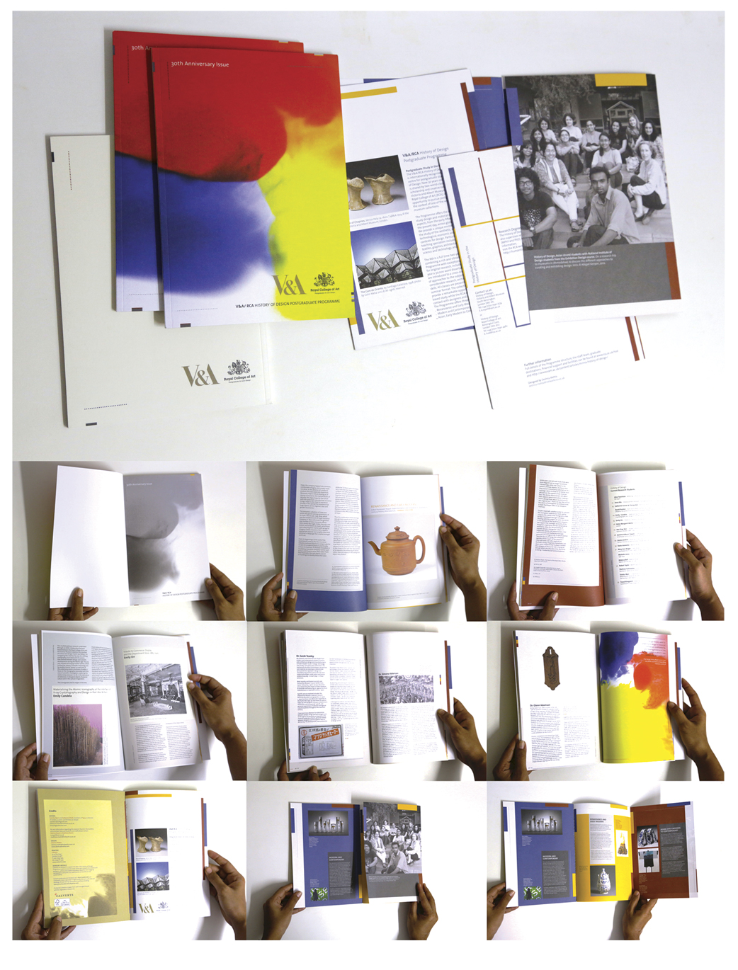 30th Anniversary catalogue and prospectus of the HISTORY OF DESIGN POSTGRADUATE PROGRAMME at the Victoria & Albert Museum & Royal College of Art in collaboration with Fig.9 collective. Printed by Calverts, London.